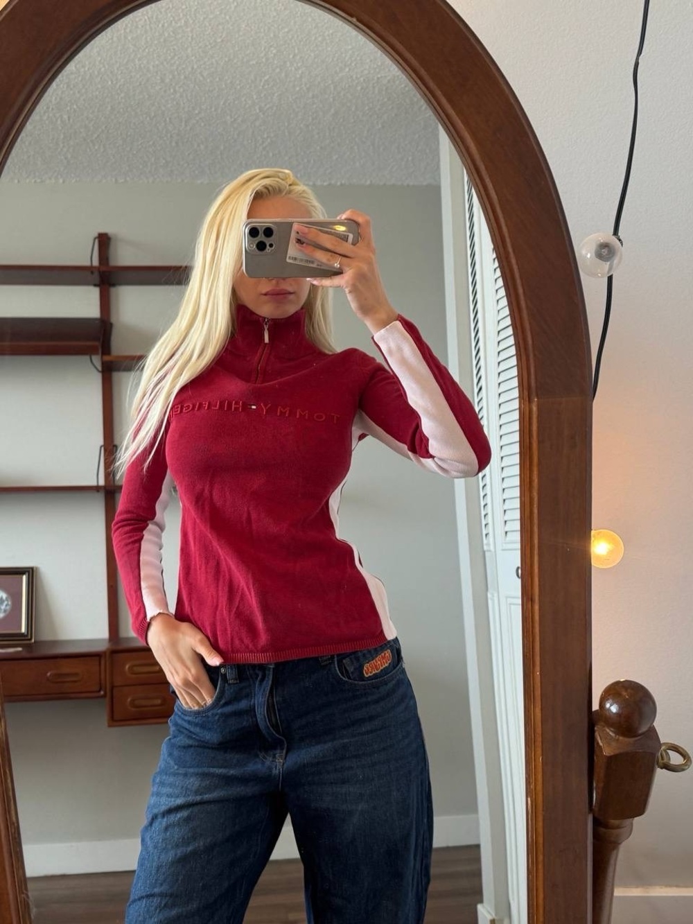 Tommy Hilfiger Color Block Quarter-Zip in Red & White Size XS